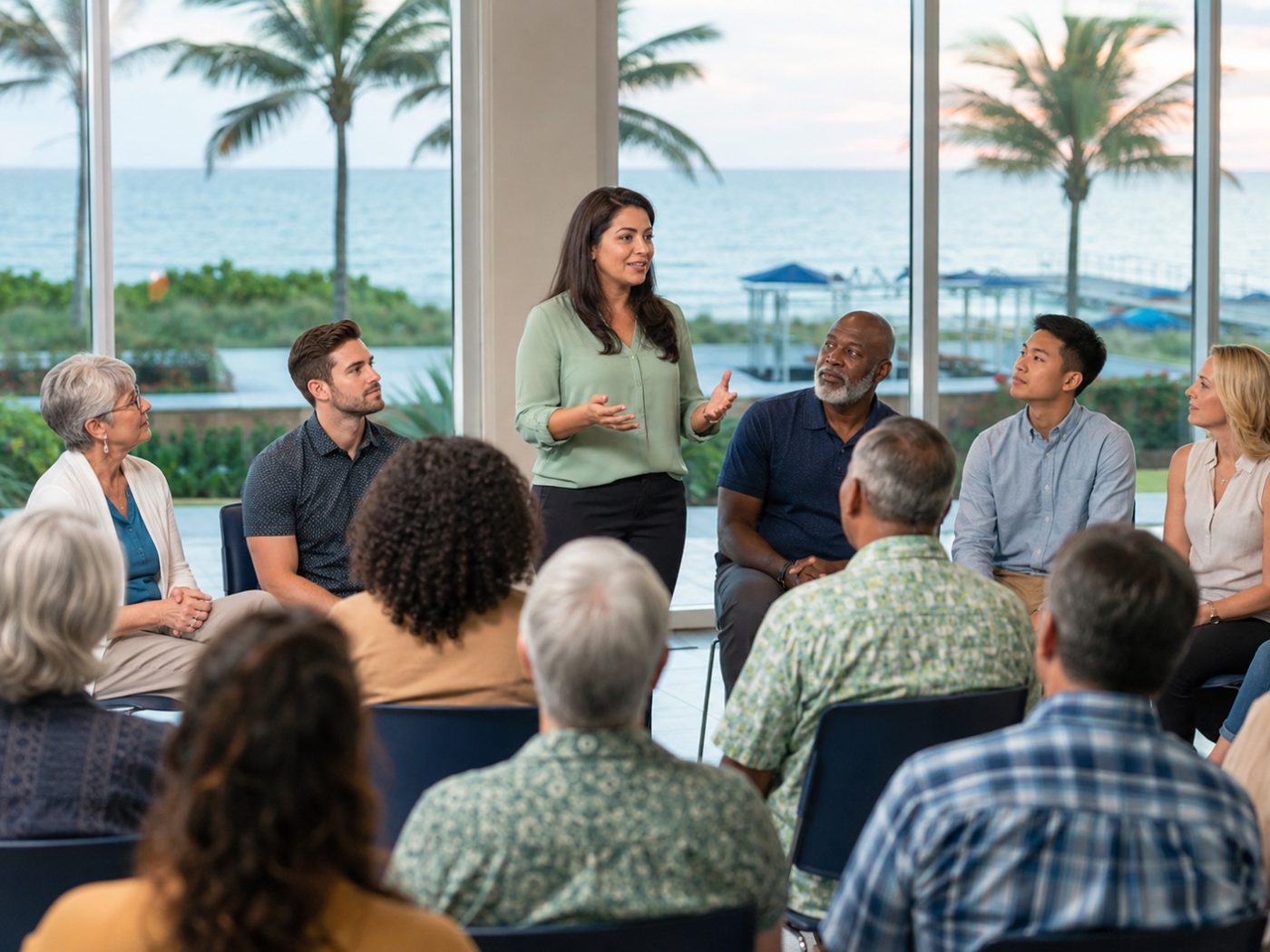 A community member speaks during a Pompano Beach resident meeting, neighbors listening around her